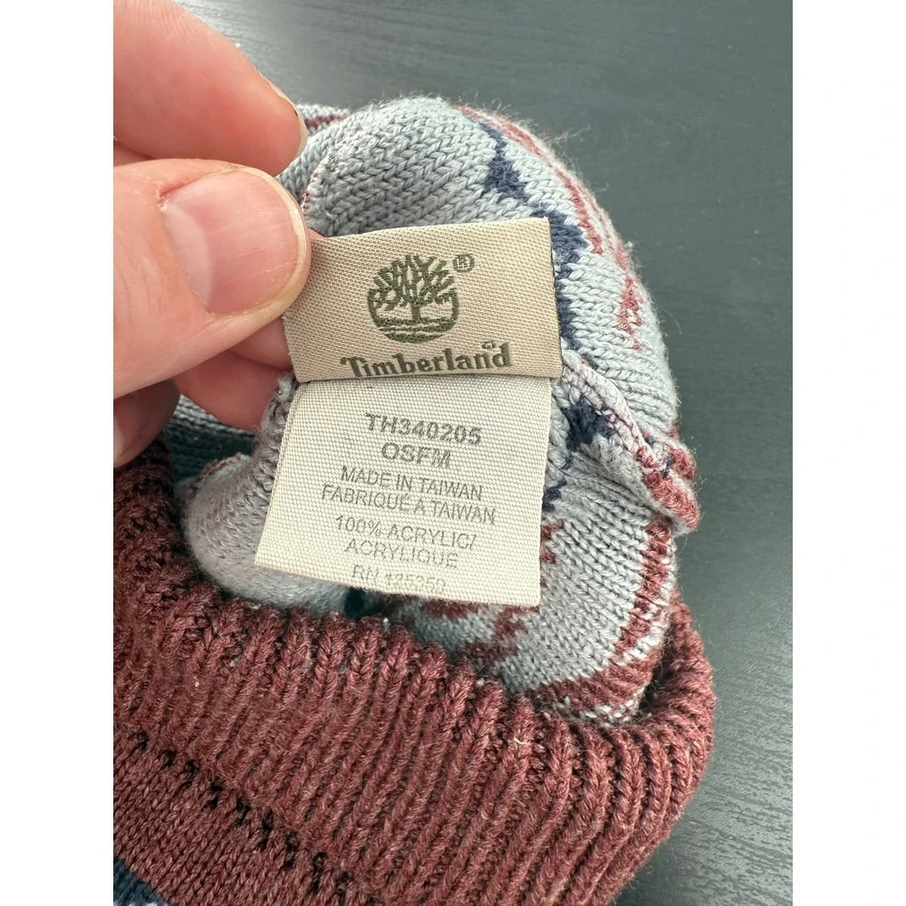 Timberland Knit‎ Beanie Hat Nordic Pattern Cuffed Winter Brown Logo
